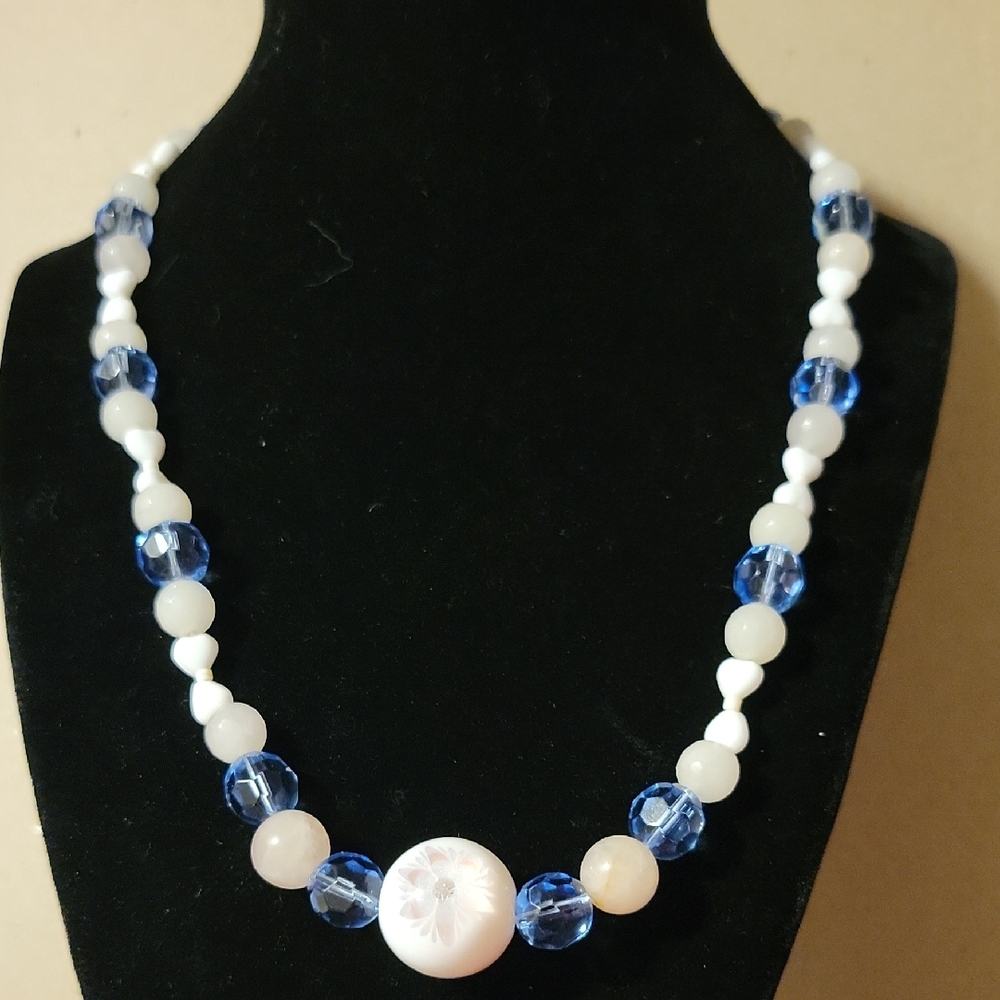 White Milk Glass, Seed Beads Bowtie, Blue & Rose Quartz Faceted Beaded Necklace